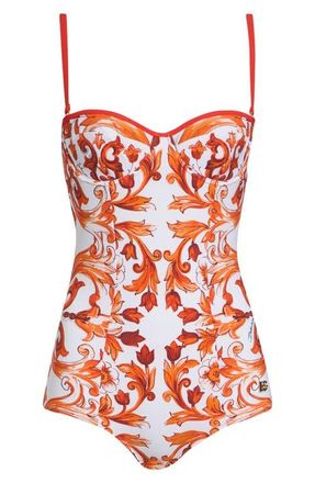 Dolce & Gabbana Majolica Balconette One-Piece Swimsuit in Io3Tn Mix Majolica Orange at Nordstrom, Size 1