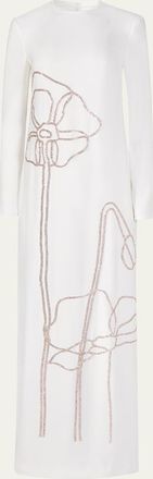 Costarellos Zarie Crystal Flower Long-Sleeve Column Gown