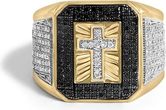 House of Brilliance Mens 10K Yellow Gold 1 1/2 Cttw White and Black Diamond Cross Signet Ring