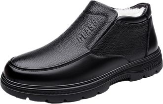 Generic Mens Slip on Warm Winter Boots Flat Heel Office Dress Shoes Round Toe PU Leather Ankle Boots,Black,7.5 UK