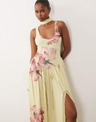 Asos Vestito lungo attillato giallo limone a fiori con foulard-Multi
