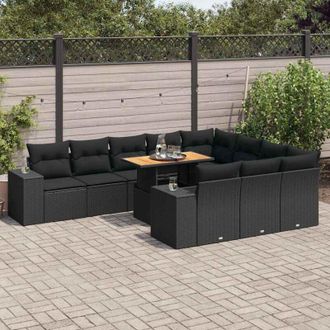 vidaXL Set Sof&aacute;s Jard&iacute;n Y Cojines 10 Pzas Rat&aacute;n Sint&eacute;tico Acacia Negro Vidaxl