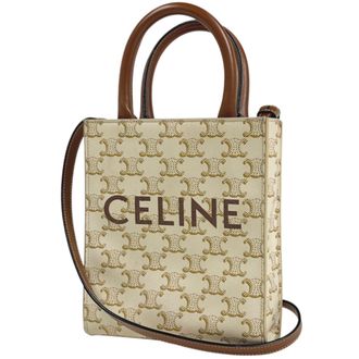 Celine Brown White Coated Canvas Leather Shoulder Bag Tote Bag (Pre-Owned)