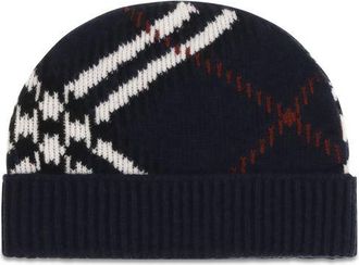 Burberry BU8132885A1243BB Cashmere-Blend Check Beanie - Blue