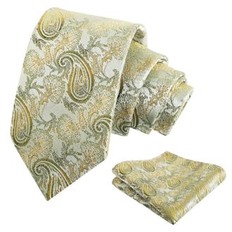 Alizeal Mens Paisley Tie and Hanky Set Party Business Wedding Necktie with Pocket Sqaure Set, Sage Green+Yellow