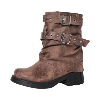 Generic Womens Mid Calf Western Boots Round Toe Med Block Heel Slip On With Platform And Cowgirl Style Buckle Accent