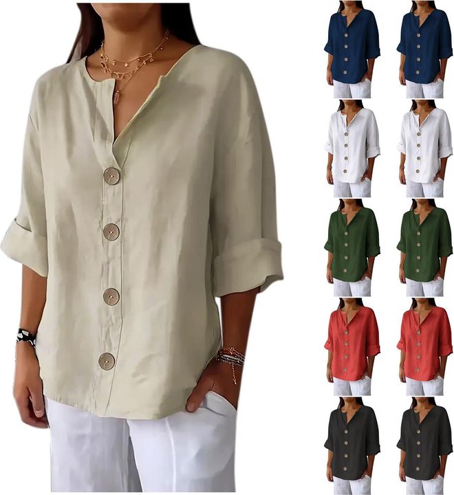 Summer Cotton Linen Shirts for Women Casual Short Sleeve Button Down V Neck Tops Dressy Trendy Solid Color Blouse Comfy Lightweight Loose Fit T-Shirt 