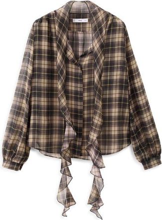 Mango Scott Plaid Pussybow Top in Black at Nordstrom, Size 8