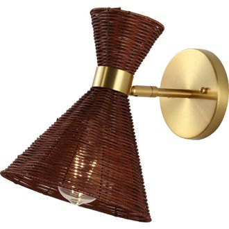 Jonathan Y Designs Zoey 1-Light Mid-Century Vintage Retro Rattan/Metal LED Sconce with Adjustable Shade in Brass Gold/dark Brown at Nordstrom
