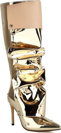 Generic Womens Patent Leather Knee High Boots with Zipper Pointed Toe Long Boot Stiletto High Heel Evening Party Prom Shoes,Gold,4.5 UK