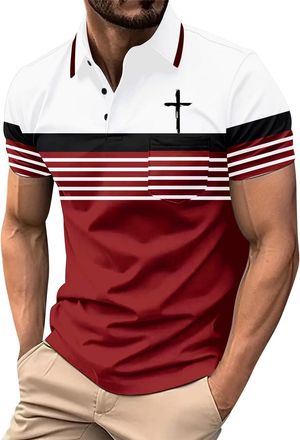 Generic Christian Polo Shirts for Men Smart Casual Cross Print Golf Polos Comfort Breathable Stripe Workout Gym Fitness Work T-Shirt, Z01-Wine, 3XL