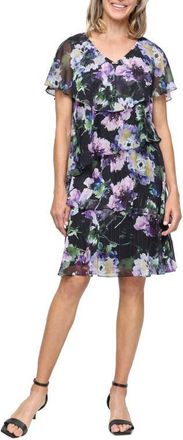 S.L. Fashions Floral Tiered Ruffle Chiffon Dress in Black Multi at Nordstrom, Size 10