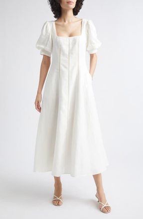 Reiss Riva Stitch Puff Sleeve Linen Midi Dress in Ivory at Nordstrom, Size 12 Us