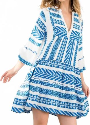 THML Clothing Tiered V-Neck Embroidered Dress In Blue