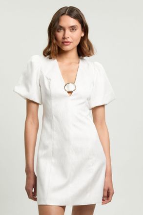 Karen Millen Womens Tailored Puff Sleeve Trim V Neck Detail Mini Dress - White - Size 12 UK