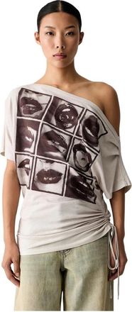 Miss Sixty Grafische T-shirt met off-shoulder halslijn - Dames - T-shirts - Beige - XL - Katoen - Tops