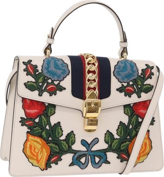 Gucci Sylvie Top Handle Embroidered Leather White Leather Handbag (Pre-Owned)