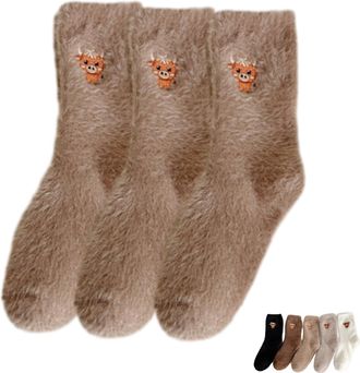 Generic 3 Pairs Cute Cow Slipper Socks, Fuzzy Highland Cow Sock Women, Winter Soft Cozy Plush Sleeping Home Sock (Light Brown)