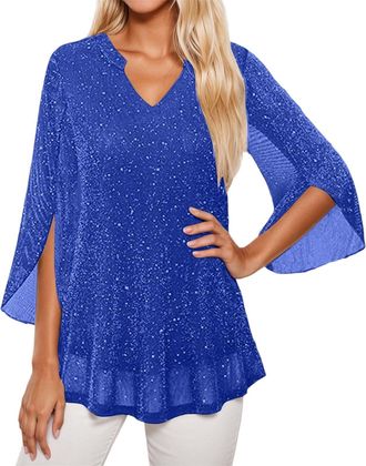 Generic Ladies Blouses Top 3/4 Bell Sleeve Sequin Tunic Tops Casual Dressy V Neck Black Red Pink Double Layered Party Holiday Beach Elegant Wear Orange Green 