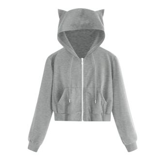 Generic WomenS Long Sleeve Hoodie,Cute Ear Hoodies Women Zip Up Hoodie Cat Ears Stitching Cropped Jacket Tops Fashion Long Sleeve Cat Print Pocket Hooded Swea