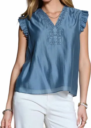 Current Air Embroidered Sleeveless Blouse In Dusty Blue