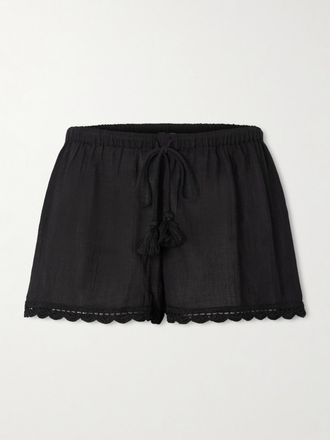 Ulla Johnson Shorts In Cotone Con Finiture Crochet E Nappine Aran - Nero