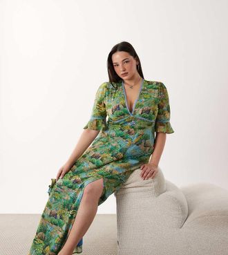 Hope & Ivy Vestito lungo aperto dietro con volant sulle maniche e spacco sulla coscia con stampa di fiume-Multi