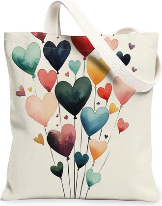 Generic Heart Balloon Canvas Tote Bags, Colorful Love Design Reusable Bags, Spring Chic Vintage Washable Shoulder Strap Canvas for Travel Picnic 13x15 Inch