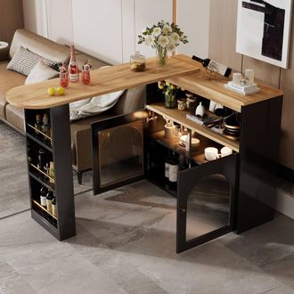 Merax Rotating Breakfast Bar Table with LED Light & Storage in Black