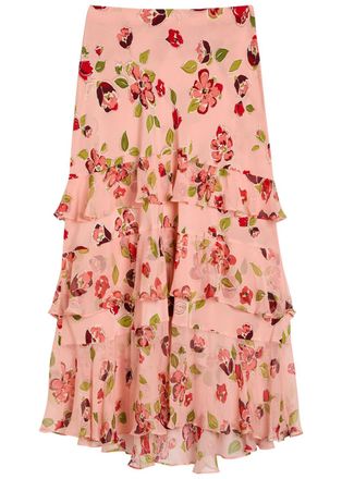 Rixo Rixo Preslee Floral Ruffled Silk-chiffon Midi Skirt - Pink - 16 (UK 16 / XL)
