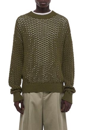 Helmut Lang Open Stitch Organic Cotton Blend Crewneck Sweater in Olive at Nordstrom, Size Xx-Large