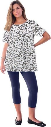 Roaman's Plus Size Ultimate Cotton Crewneck Short Sleeve Swing Tee in White Tossed Ditsy at Nordstrom, Size Medium