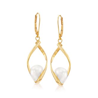 Ross-Simons 8.5-9mm Cultured Pearl Twisted Drop Earrings in 14kt Yellow Gold
