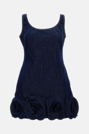 Self Portrait Mini Abito In Denim Indigo Con Fiori 3d