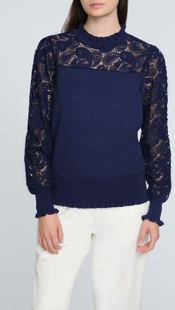 Elie Tahari The Felicity Floral Lace Detail Sweater in Daphne Blue at Nordstrom Rack, Size X-Small