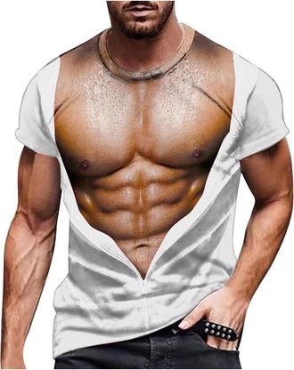 Generic Fake Muscle 3d Printed T-shirt Men Sale Clearance Short Sleeve Crew Neck Tee Top Funny Graphic Under Clothes Hipster Workout Shirt Chest Six Pack Abs 