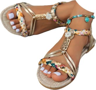 Generic Bohemian Beach Sandals for Women 2026 Summer Casual Wedge Sandal Elastic Ankle Strap Flip Flops Open Toe Jeweled Rhinestone Flatform Sexy Sandals Dres