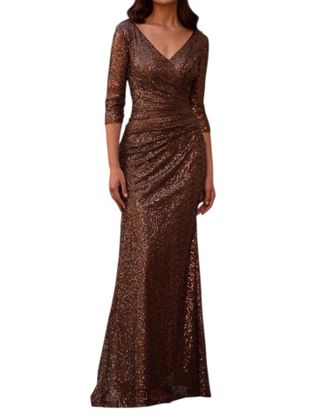 La Femme Sequin Ruched Gown In Bronze