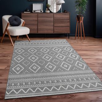 Paco Home Paco Home - Alfombra Exterior Interior Balc&oacute;n Terraza Cocina Motivo Boho &Eacute;tnico Moderno 150 Cm Cuadrado, Gris 2