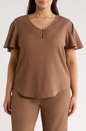 Anne Klein Flutter Sleeve V-Neck T-Shirt in Mushroom at Nordstrom, Size 0X