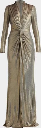 Tadashi Shoji Twist-Front Metallic Jersey Column Gown
