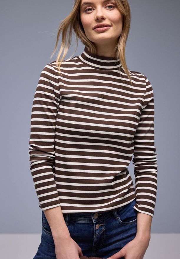Langarmshirt STREET ONE, Damen, Gr. 34, molten earth, Jersey, Obermaterial: 95% Baumwolle, 5% Elasthan, gestreift, tailliert h&uuml;ftbedeckend, Rundhals, 