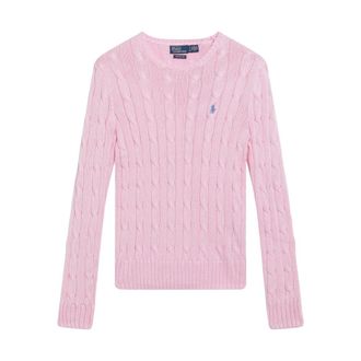 Polo Ralph Lauren Round-neck Knitwear, female, Pink, Size: XL Cable-Knit Cotton Crewneck Sweater