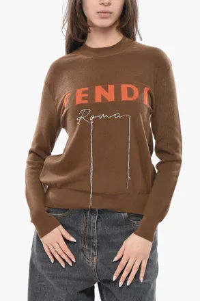 Fendi Maglia Girocollo in Misto Cashmere con Logo Ricamato Fendi