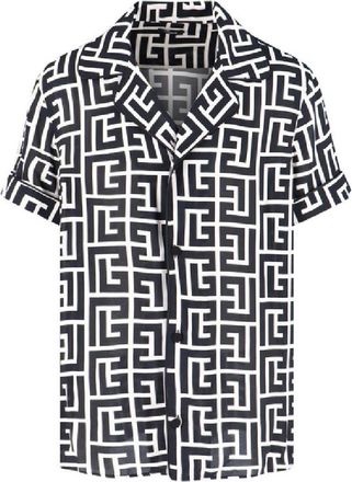 Balmain Short Sleeve Monogram Print Shirt, Brand Size 40 (Neck Size 15.75)