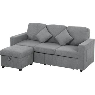 HOMCOM Divano 3 Posti in Velluto a Coste e Pouf Contenitore 196x139x85 cm Grigio