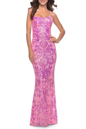 La Femme Print Sequin Gown with Square Neckline in Neon Pink at Nordstrom, Size 00
