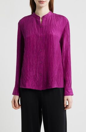 Eileen Fisher Mandarin Collar Silk Button-Up Shirt in Berry Bloom at Nordstrom, Size Xx-Small