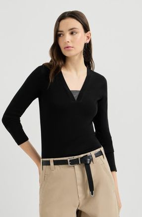 Brunello Cucinelli Stretch cotton ribbed jersey top with precious insert in Black at Nordstrom, Size Xxx-Large