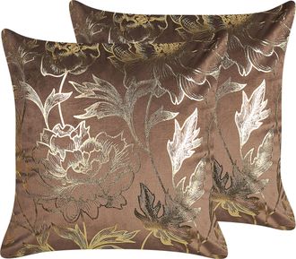 Beliani Conjunto De 2 Cojines De Terciopelo Marr&oacute;n Dorado 45 X 45 Cm Floral Daffodil